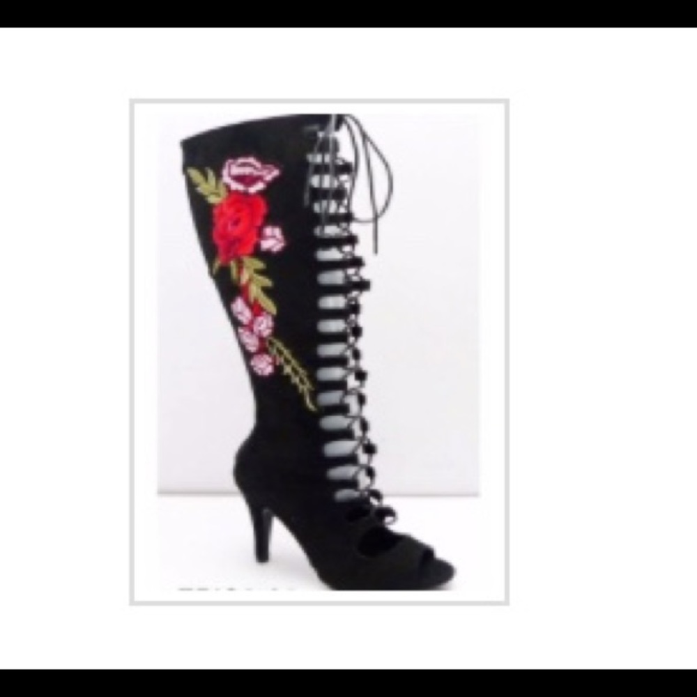 New Black Rose Heel Boots